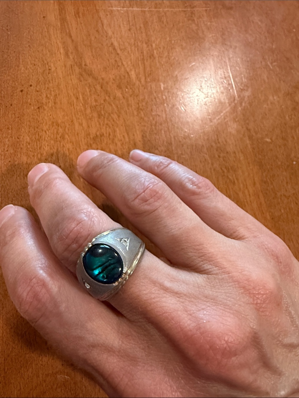 Vintage 14K Gold Electroplated Men's Ring with Blue-Green Abalone Cabochon 8 3/4